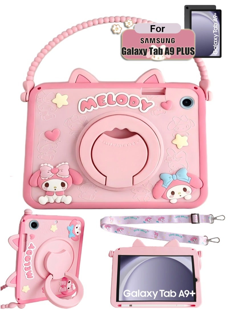 واقي كرتوني لجهاز Samsung Galaxy Tab A9 Plus 11 بوصة حافظات مع حامل أقلام ومقبض وحمالة كتف وحزام كتف غطاء كرتوني لطيف للفتيات المراهقات لجهاز Samsung Galaxy Tab A9 plus - Image 1